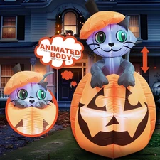 5Ft Halloween Inflatable Animated Kitty on Pumpkin Yard Lawn Decoration