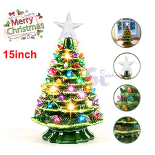 15" Pre-Lit Hand Painted Green Ceramic Christmas Tree Tabletop Decor with Lights