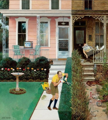 #ad John Falter : Neighbors : Sunday Gardening : Mid Century Americana Humor Print $48.99