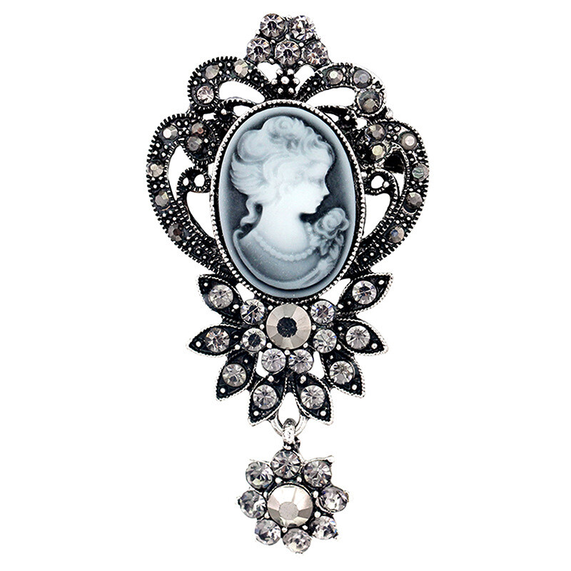 Vintage Cameo Brooch Pin – Victorian Crystal Wedding Party Jewelry For Women (Silver Tone, Resin Finish)