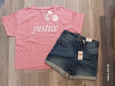 NWT Justice Girls Outfit Logo Color Change Top/Bermuda Denim Shorts Size 8 12