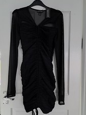 PLT Black Textured Cut Out Ruched Mesh Sleeve Bodycon Dress Size 6