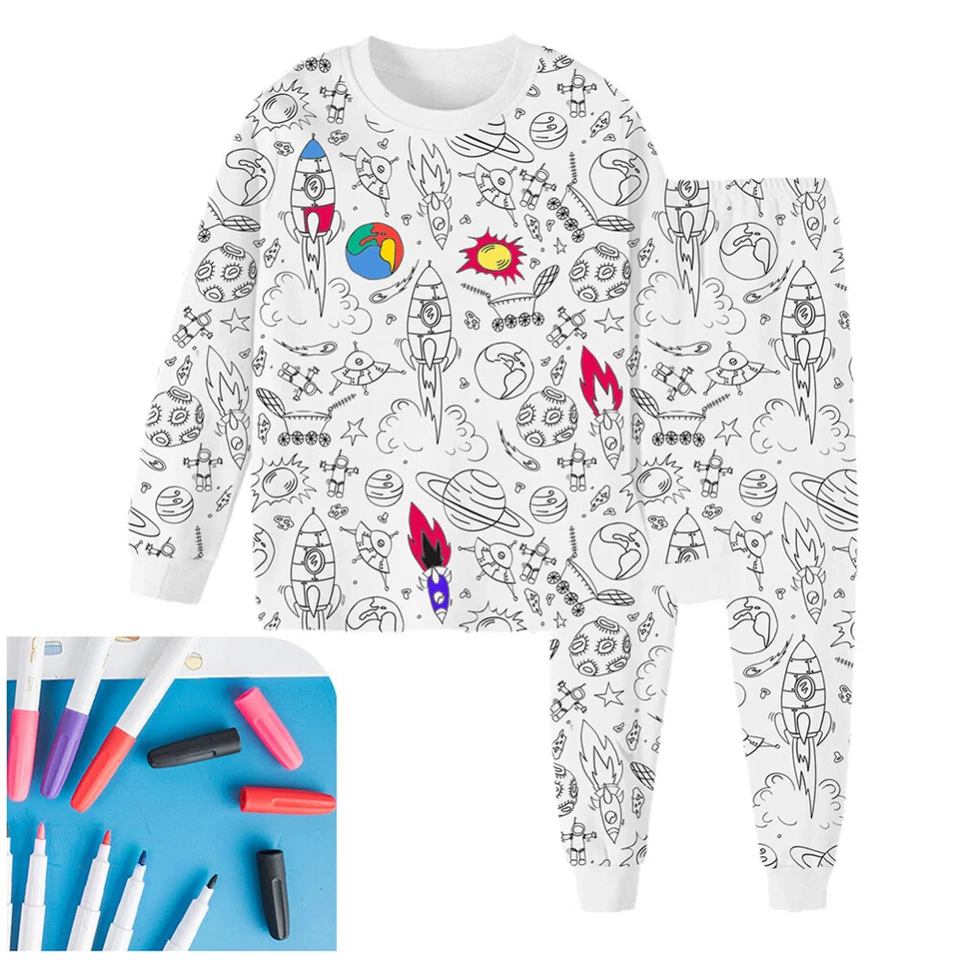Kids Pajamas Set Coloring DIY Sleepwear Nightwear Boys Girls Cotton Shirt Pants