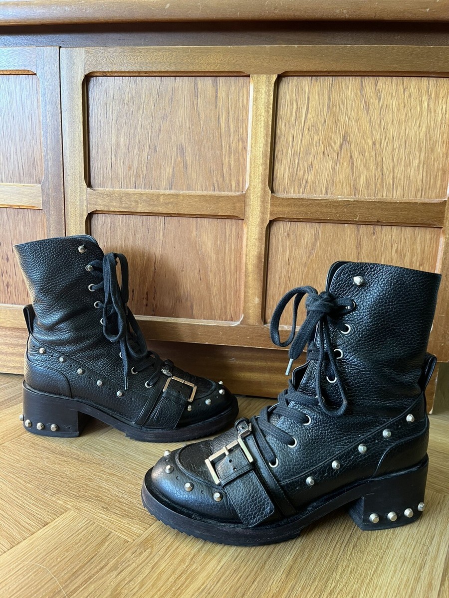 No21 CHUNKY STUDDED BIKER ANKLE BLACK SILVER LEATHER BOOTS