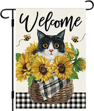 Sunflower Cat Garden Flag Tuxedo Cat Garden Flag 12X18 Inch Vertical Double