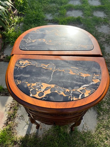 Pair Of 1940 Walnut French Provincial Carved Marble Table - Picture 14 of 16