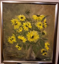 Ölgemälde Ölbild Sonnenblumen Signiert H. Bleyer mit Holzrahmen Silber