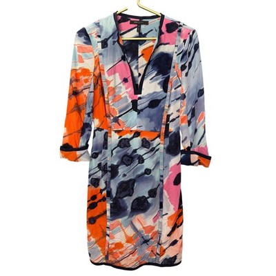 BCBGMAXAZRIA 100% Silk Abstract V-Neck Dress Womens Size 2 3/4 Sleeve