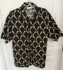Vintage Gottex Hawaiian Shirt Black Gold Seahorse Mens Size Medium Lower Pockets