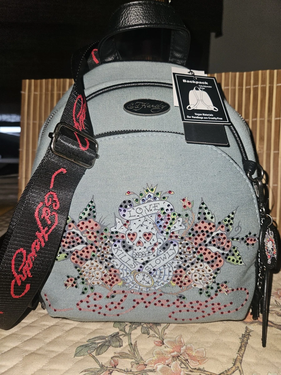 Ed Hardy Love Kills Slowly Denim Mini Backpack with Rhinestones and Charms Amazon.com: ED HARDY Denim Mini Backpack for Women  main image 2