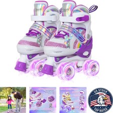 Kids Sparkling Purple Roller Skates - 4 Size Adjustable with Fun Light Up Wheels