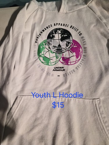 Under Armour Youth L Pullover Hoodie White Graphic Logo Long Sleeve Pockets