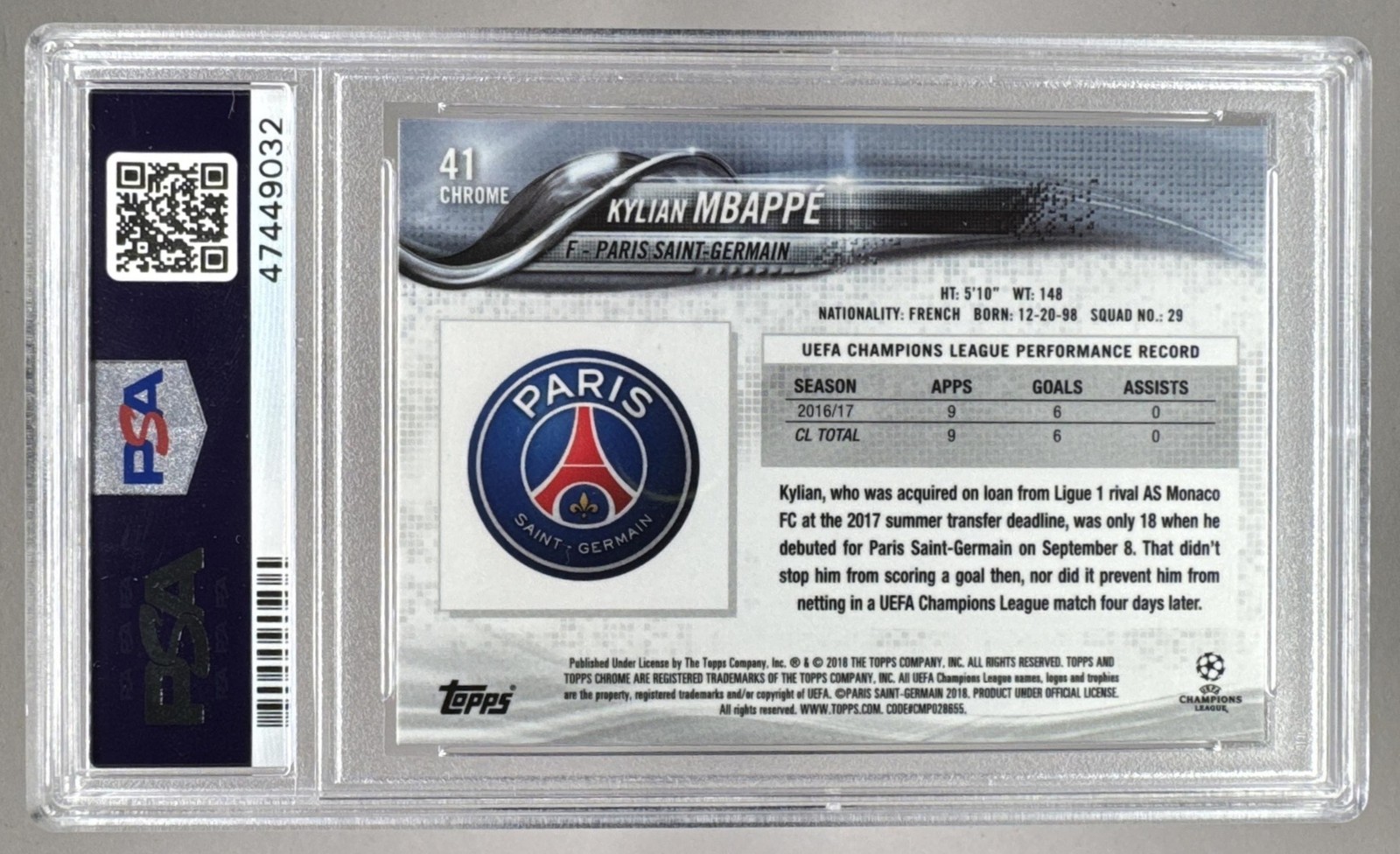 PSA 10 KYLIAN MBAPPE 2017 Topps Chrome UEFA Champions League RC Rookie #41 view 2