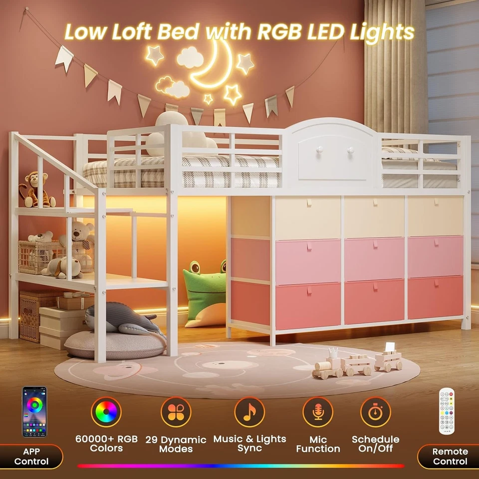 Cama tipo loft baja LED tamaño doble con 9 cajones de almacenamiento y escondite debajo de la cama para niños Foto 3 de 4