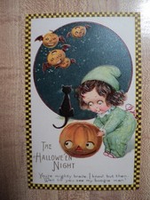 HALLOWEEN Little Girl w/ Flying Jack-O-Lanterns & Cat vintage WINSCH 28 Postcard