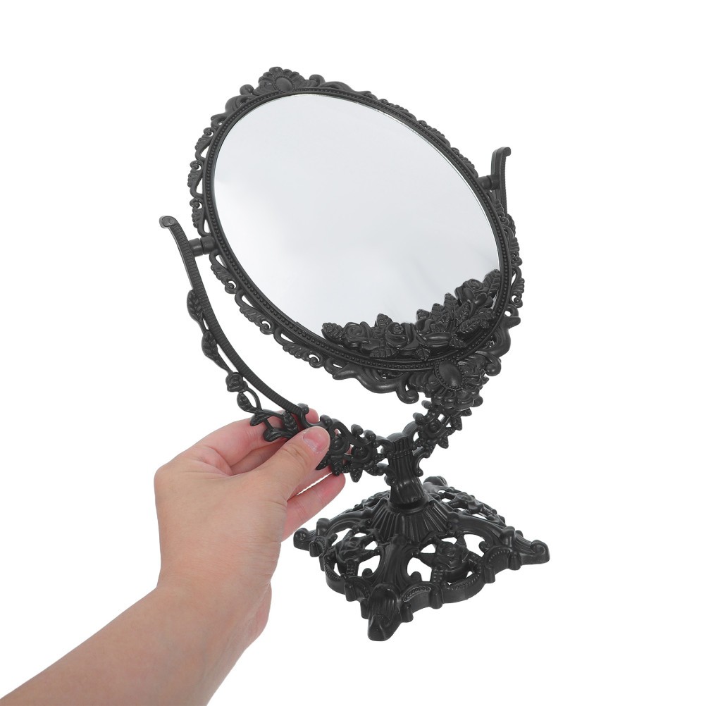 Specchio da toeletta retrò decorato double face 360 girevole cornice plastica nera foto 6