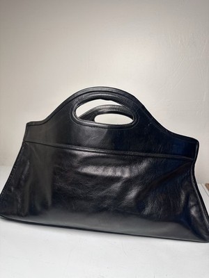 Rare Vintage Vera Pelle Italy Smooth Black Leather Geometric Statement Handbag