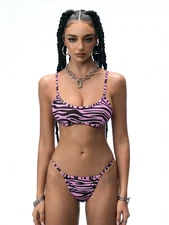 Women's Kawaii Hot Pink Animal Zebra Swimwear Cheeky Thong Bikini Swim Set