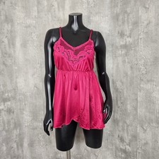 Vintage 80s Texsheen Magenta Nylon Lace Babydoll Nightie Lingerie Sleepwear M