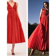 ALEXIS Lauren Sleeveless Pleated Deep V Empire Waist Red Midi Dress Size Large