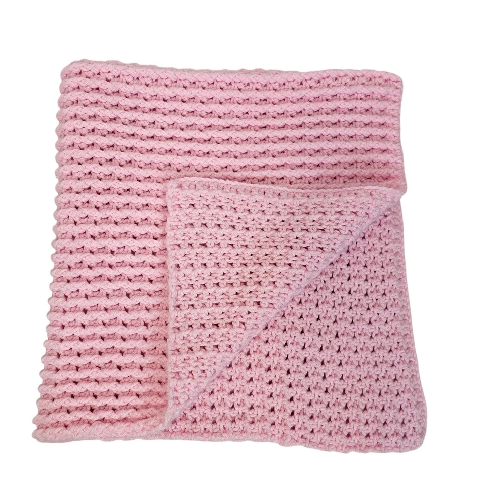Handmade Light Pink Cable Knit Crochet Baby Blanket Throw Wrap 35"x34" Square - Image 2 of 4
