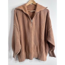 Aerie Oversized Quarter Zip Ribbed Cotton Sweater Womens L Tan Lantern Sleeve