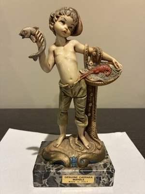 Roman Fontaine Italy Figurine Simone s Depose Carrara Marble Fish Basket Crab 8''