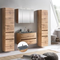 BadmöBel Set Wotaneiche Led Spiegelschrank Waschtisch Glasbecken Seitenschrank