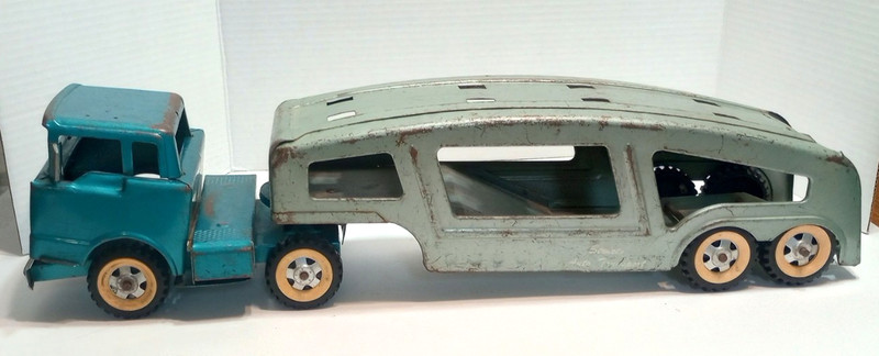 Structo Auto Haul Transport Semi Truck Car Ramp Hauler Trailer 1960s Turquoise