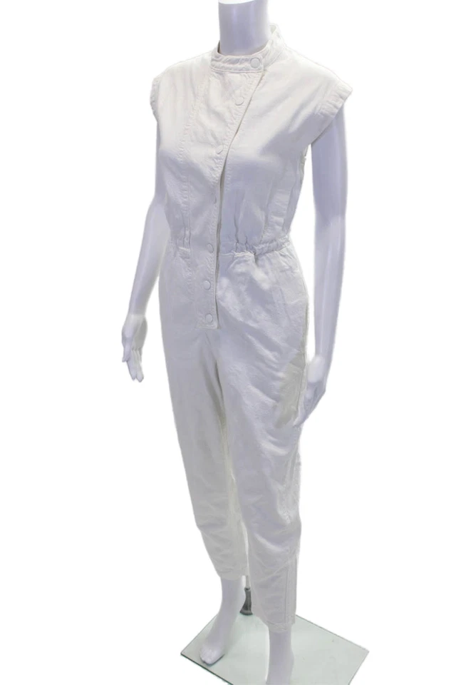 Mono vaquero blanco de pierna recta manga corta delantero con botones Zara para mujer talla XS Foto 2 de 4