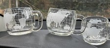 3 Nestlé World Globe Etched Glass Coffee Mug Cup Clear Vintage Promotional