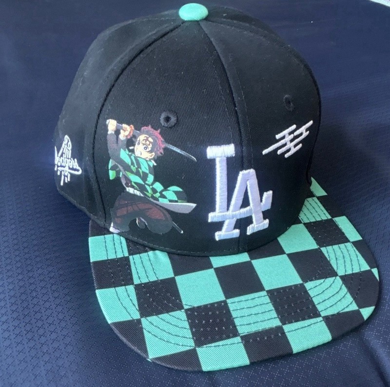 Demon Slayer Tanjiro Kamado Snapback Cap Black/Green Checkered Brim LA Logo