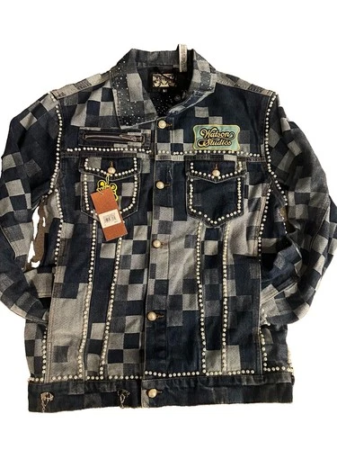 Watson White & Blue Checkered Denim Jacket with Pearl Details Mens Size Medium - product listing photo