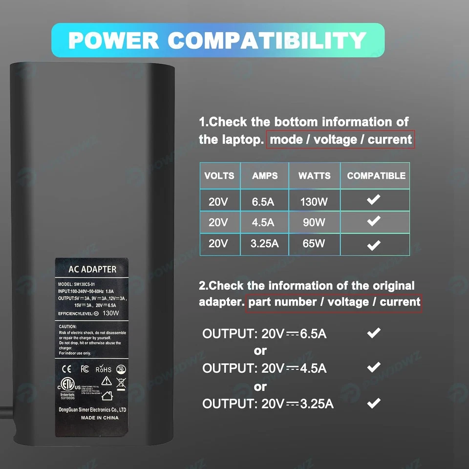 130W ETL USB Type C Laptop Charger Compatible with Dell XPS 15 17 9500 9510 9520 - Image 3 of 4
