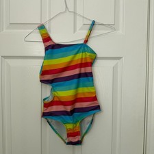 Girls Rainbow Stripe One Piece Swimsuit Cut Out Side Size 4 Colorful Bathing