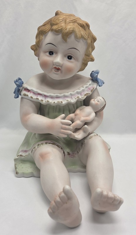 Piano Baby Porcelain Girl Holding Baby Doll Vintage 12"