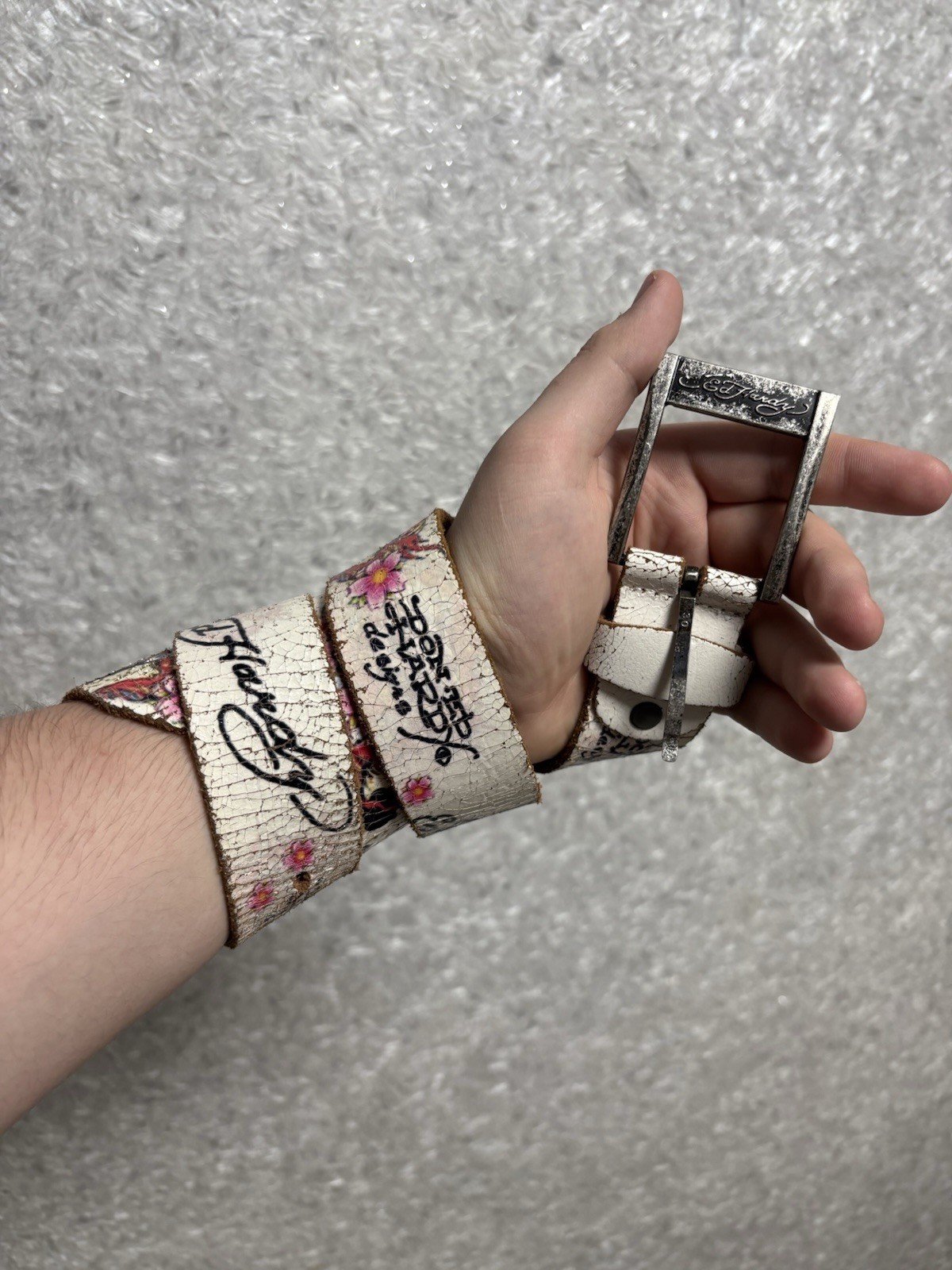Ed Hardy Vintage White Leather Belt Floral Tattoo Style Y2K