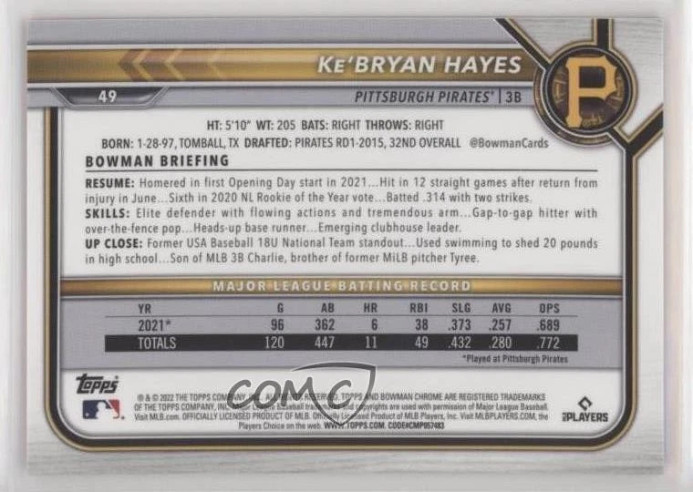 2022 Bowman Chrome Sapphire Edition Orange /75 Ke'Bryan Hayes #49 - Image 2 of 2