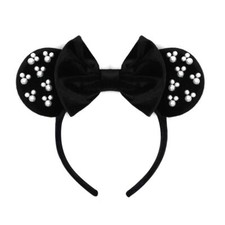 JIAHANG Velvet Mouse Ears Hair Bow Headband, Pearls Black 02