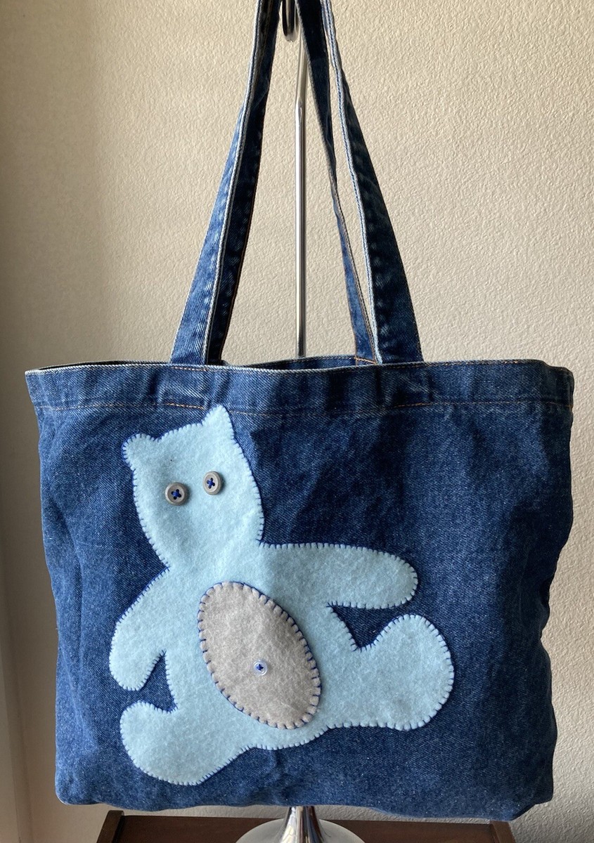 Denim Blue Tote Bag/Handbag w/Blue Bear Applique 18”x15” | eBay
