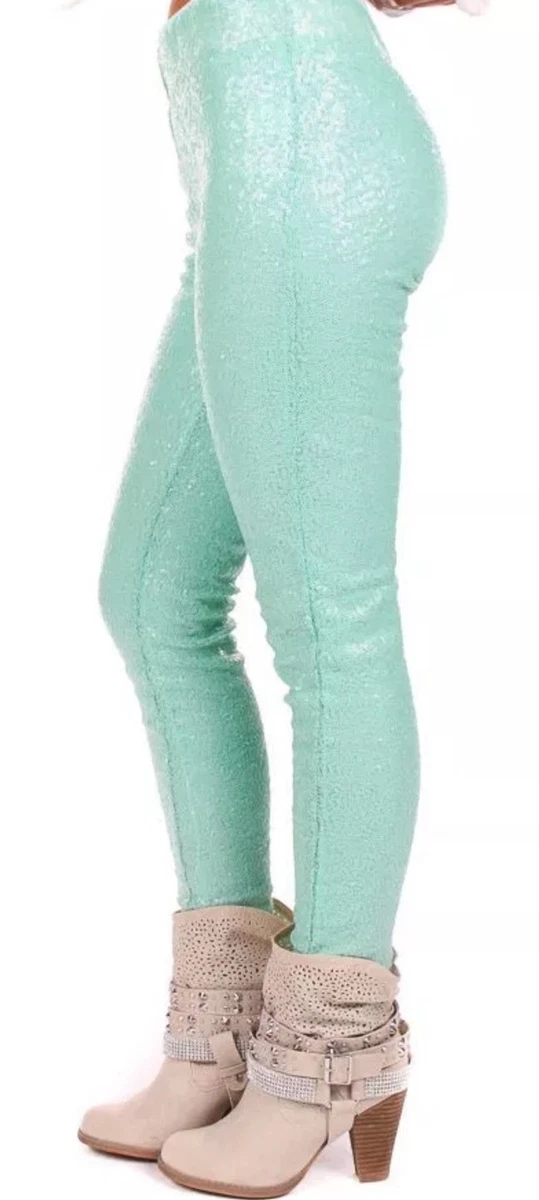 NWT Mint Green Sequin Leggings Pants Slim Fit Lined Glitter L May July New