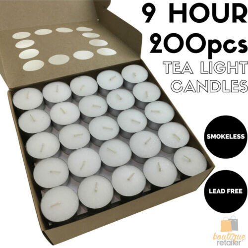 200pcs TEA LIGHT CANDLES 9 Hour Burn Tealight Wedding Smokeless Crystal Wax BULK - Picture 1 of 3
