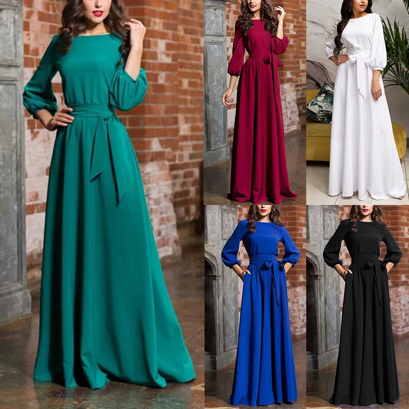 Women Elegance Evening Dress Lantern Sleeve Long Party Dress W/Belt Solid