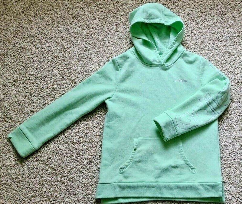 adidas Girls Size 10 - 12 Hoodie Sweatshirt Logo Sleeve Print Front Pockets RARE