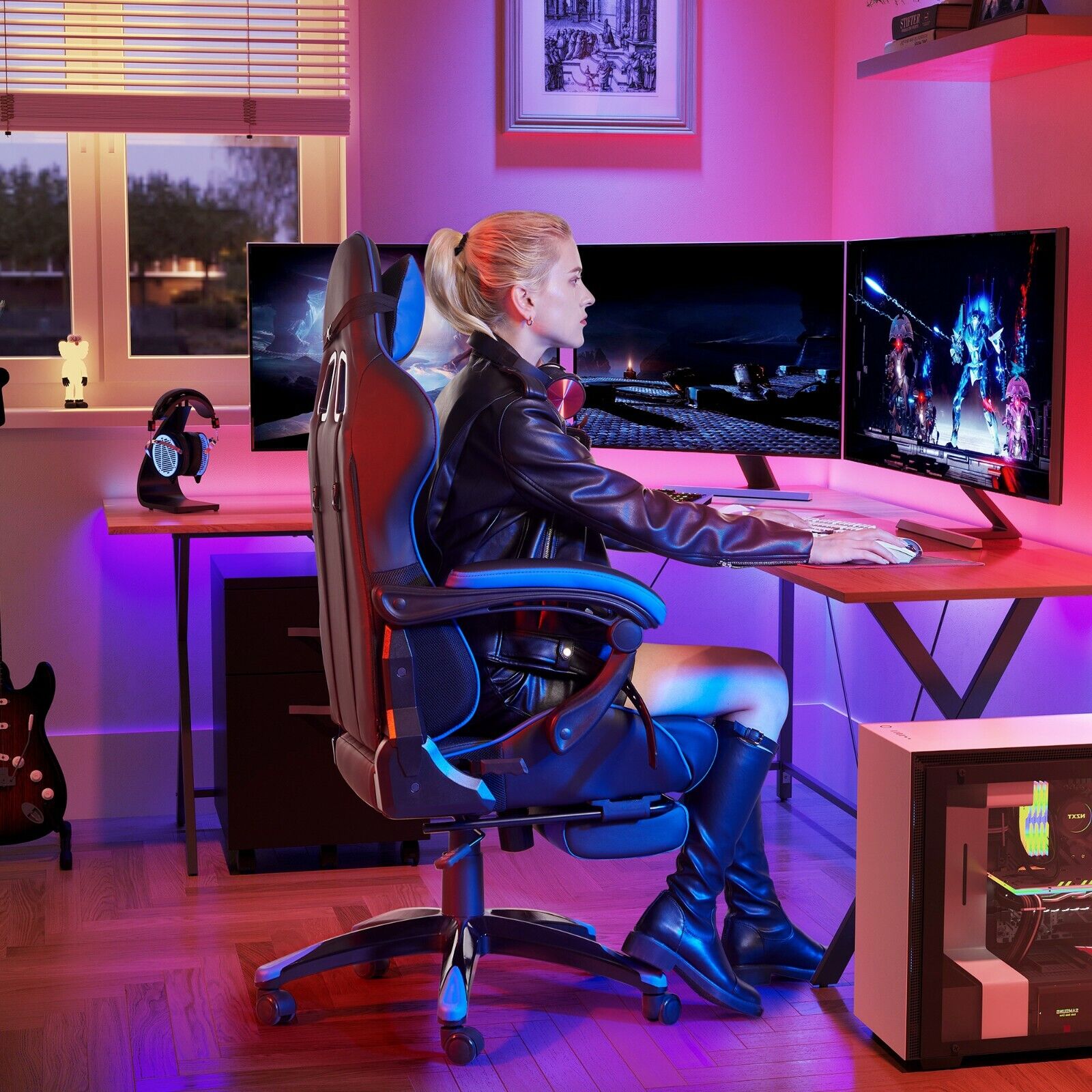 Details zu  Gamingstuhl, ergonomischer Bürostuhl, Schreibtischstuhl, mit Fußstütze RCG026B01 Neuer Preis