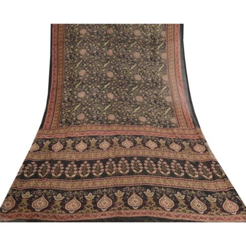 Sanskriti Vintage Sarees Black Pure Chiffon Silk Printed Sari 5Yd Craft Fabric