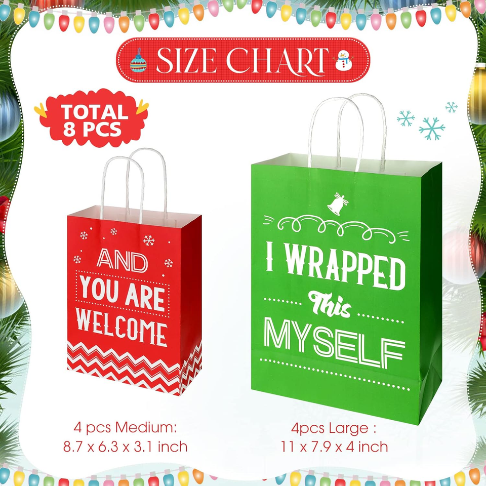 8 Pcs Christmas Funny Bags Green and Red Snowflakes Reindeer Reusable