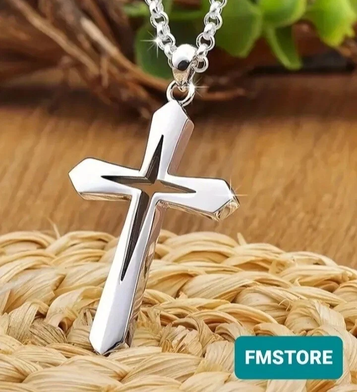 Collana con ciondolo croce in acciaio inox da uomo catenina rosario girocollo . - Immagine 2 di 4