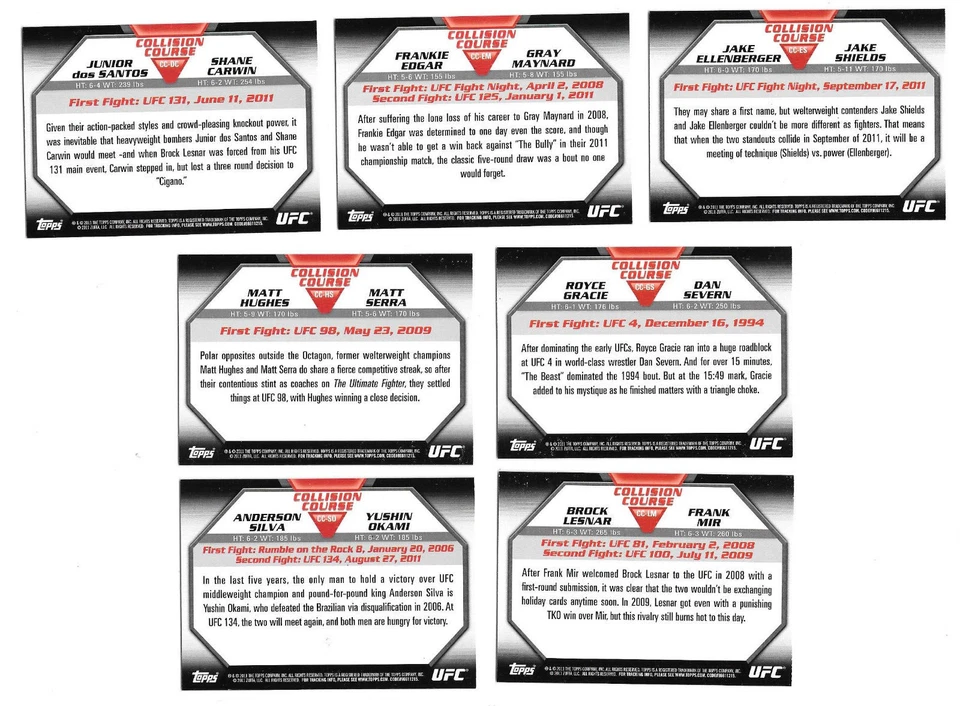 Lot: 7 2011 Topps UFC Moment of Truth Collision Course Lesnar Silva Severn Edgar - Image 2 of 2