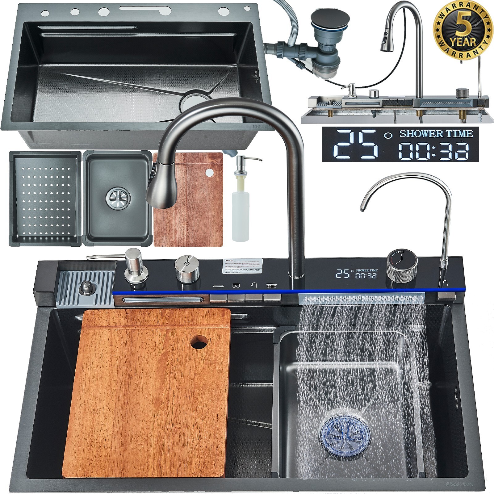 Fregadero de cocina de acero inoxidable fregadero empotrado 75x45cm fregadero en cascada con grifería